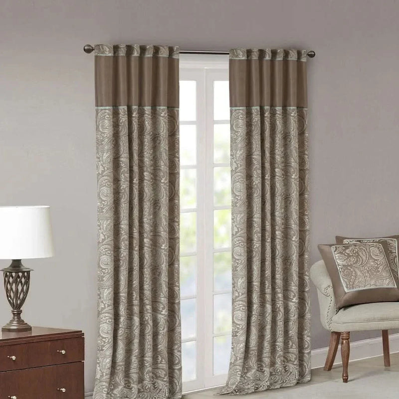 Jacquard Curtain Panels Polyester Faux Silk Finish Brown Multi For Living Room