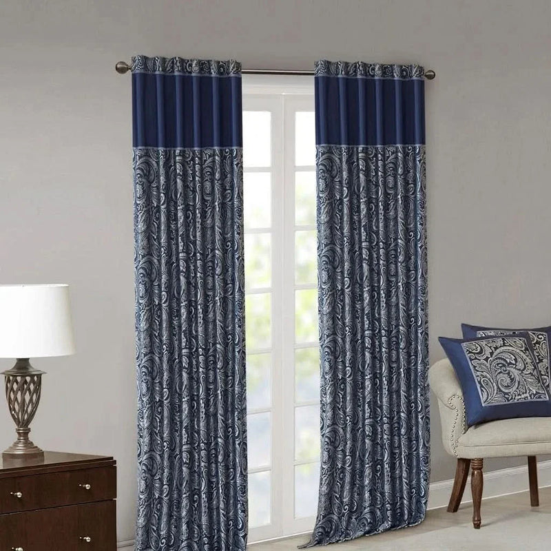 Jacquard Curtain Panel Pair Polyester Navy Faux Silk Sheen Finish