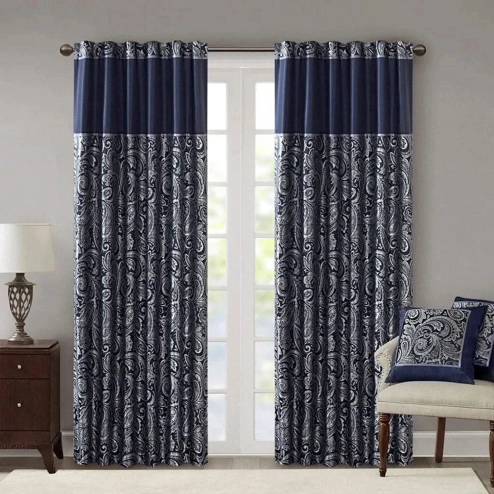 Jacquard Curtain Panel Pair Polyester Navy Faux Silk Sheen Finish Media 3