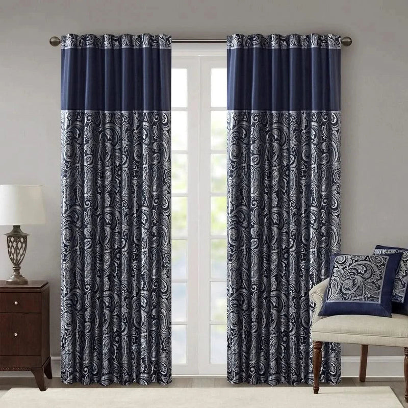 Jacquard Curtain Panel Pair Polyester Navy Faux Silk Sheen Finish