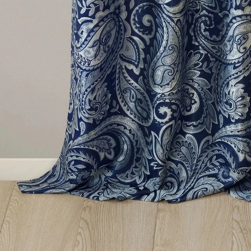 Jacquard Curtain Panel Pair Polyester Navy Faux Silk Sheen Finish