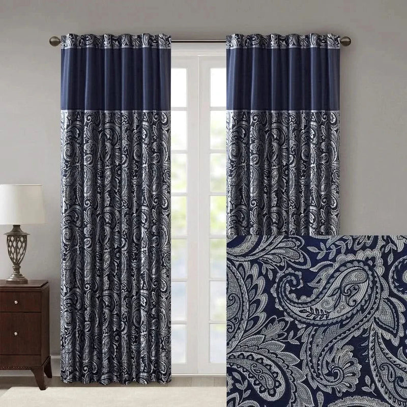 Jacquard Curtain Panel Pair Polyester Navy Faux Silk Sheen Finish