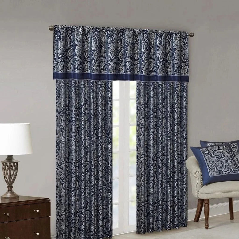 Jacquard Curtain Panel Pair Polyester Navy Faux Silk Sheen Finish