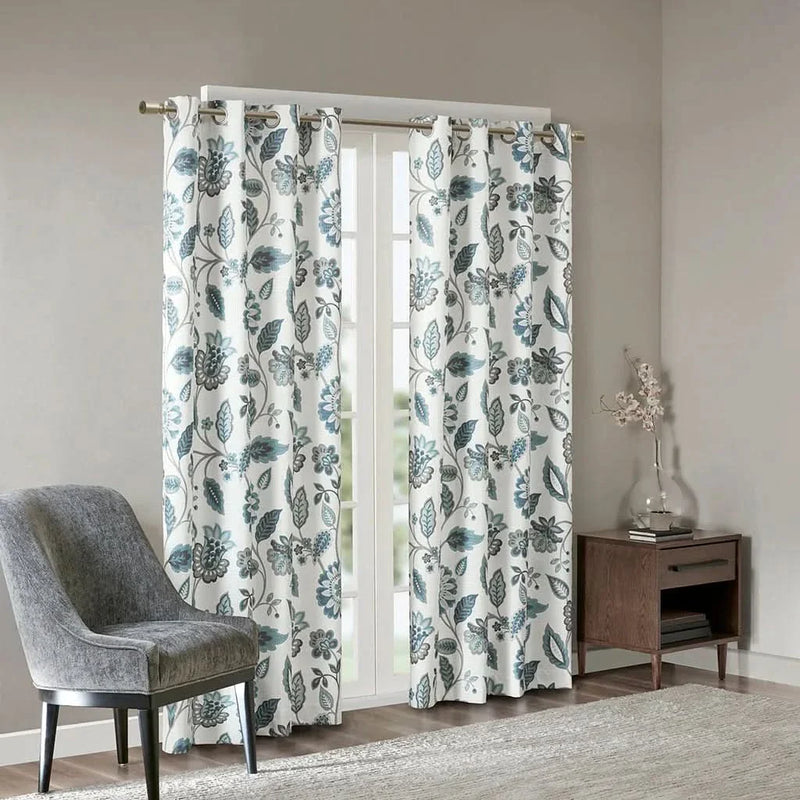Curtain Panel Jacquard Polyester Room Darkening Aqua Floral Print