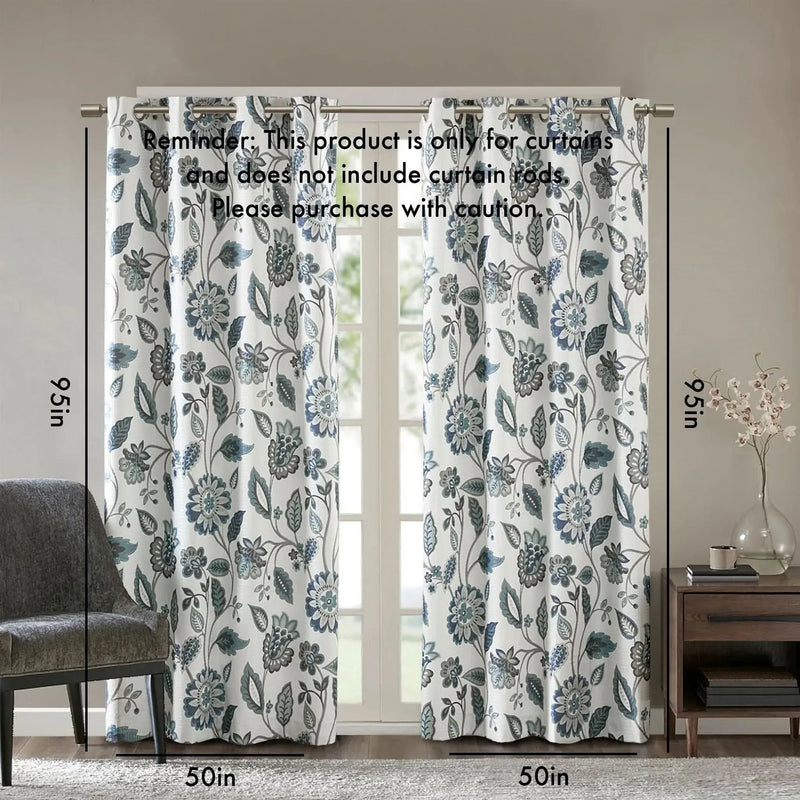 Curtain Panel Jacquard Polyester Room Darkening Aqua Floral Print