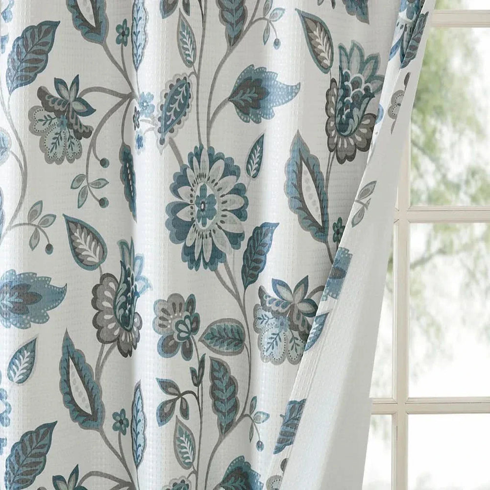 Curtain Panel Jacquard Polyester Room Darkening Aqua Floral Print Media 2