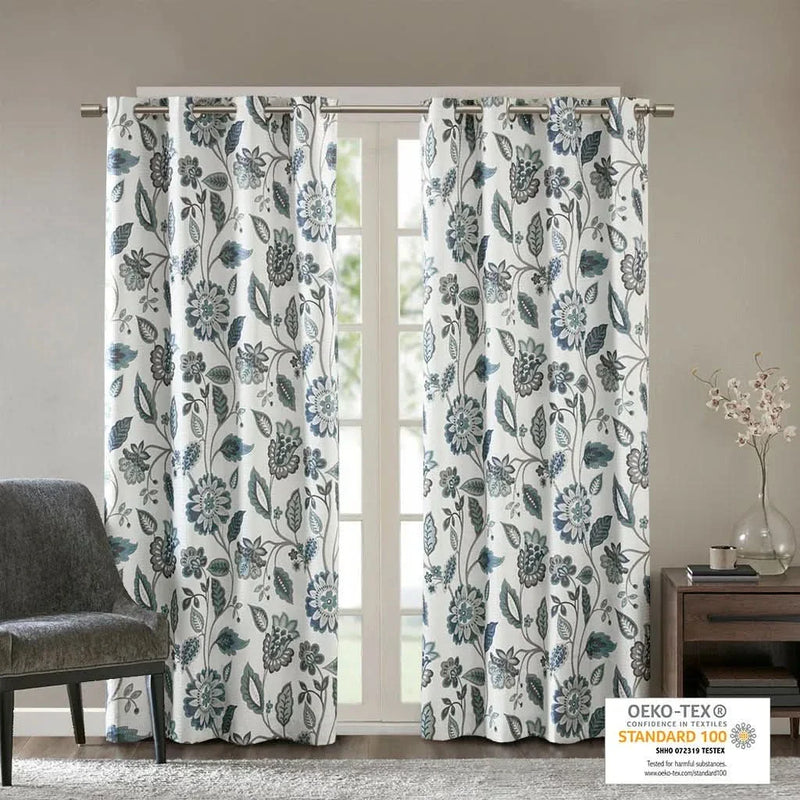 Room Darkening Curtains Jacquard Printed Polyester Aqua Floral Design