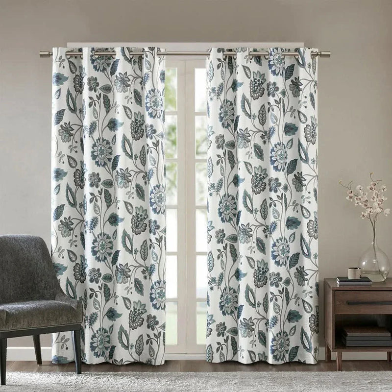 Curtain Panel Jacquard Polyester Room Darkening Aqua Floral Print