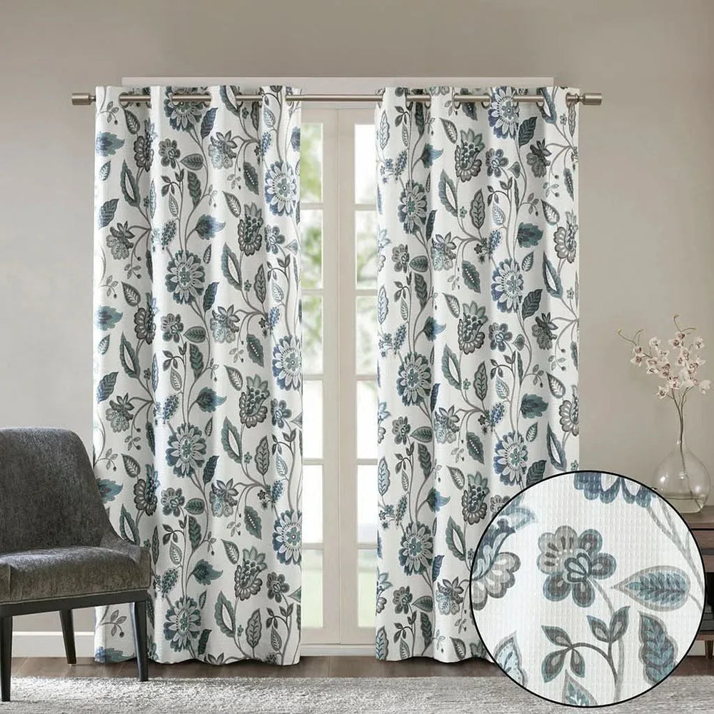 Curtain Panel Jacquard Polyester Room Darkening Aqua Floral Print Media 9
