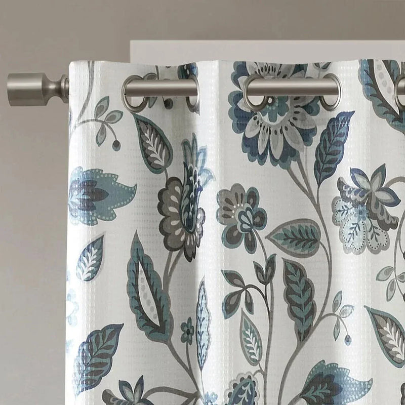 Curtain Panel Jacquard Polyester Room Darkening Aqua Floral Print