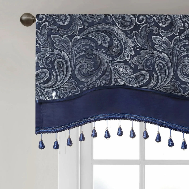 Jacquard Window Rod Pocket Valance Polyester Beaded Trim Navy 50x18