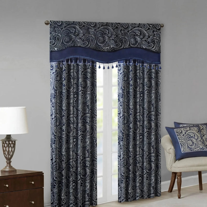 Jacquard Window Rod Pocket Valance Polyester Beaded Trim Navy 50x18