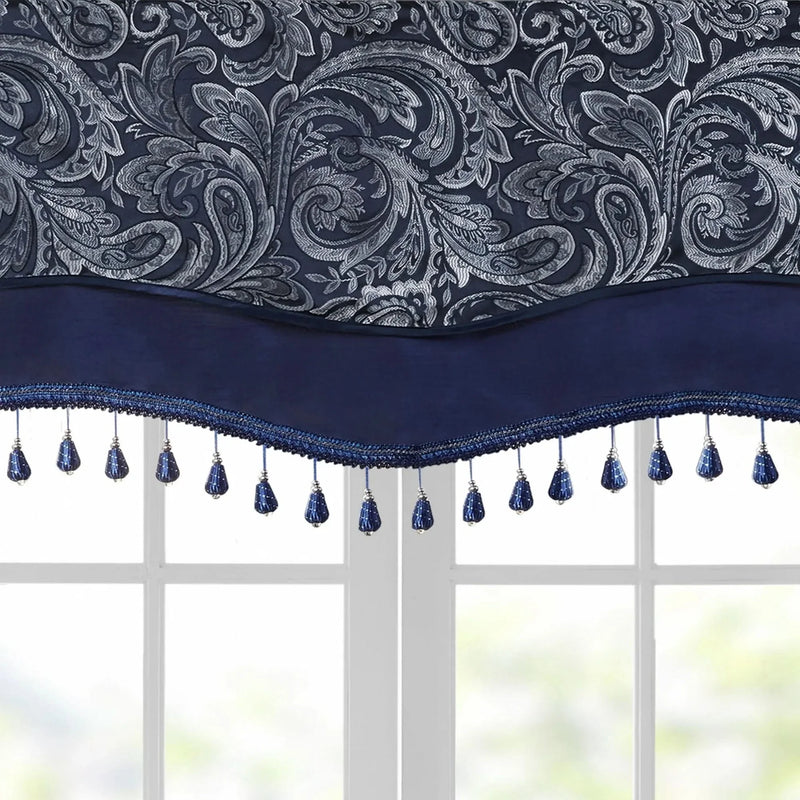 Jacquard Window Rod Pocket Valance Polyester Beaded Trim Navy 50x18
