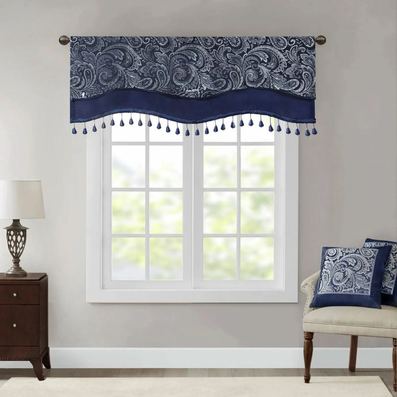 Jacquard Window Rod Pocket Valance Polyester Beaded Trim Navy 50x18