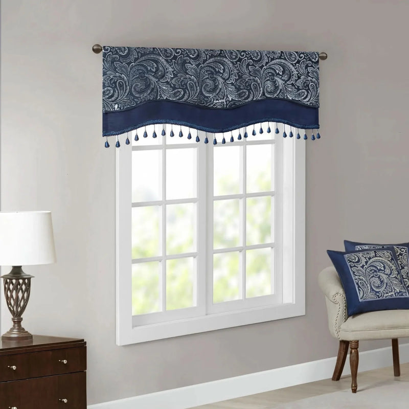 Jacquard Window Rod Pocket Valance Polyester Beaded Trim Navy 50x18