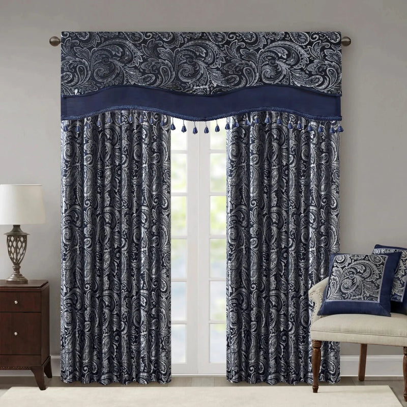 Jacquard Window Rod Pocket Valance Polyester Beaded Trim Navy 50x18