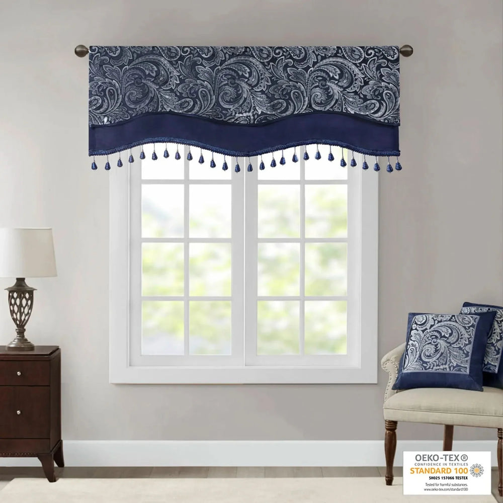 Jacquard Window Rod Pocket Valance Polyester Beaded Trim Navy 50x18 Media 3