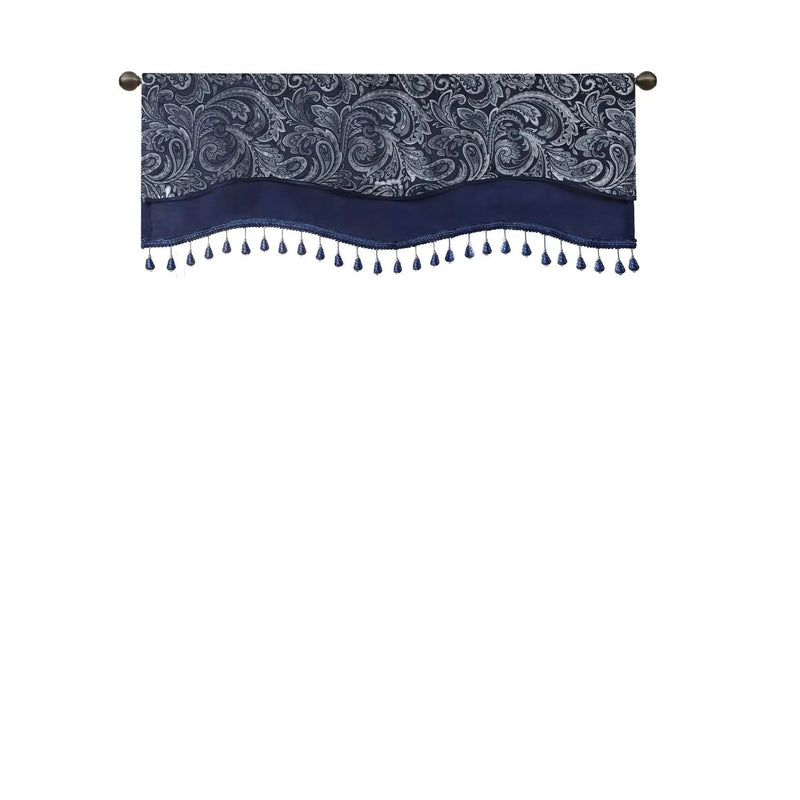 Jacquard Window Rod Pocket Valance Polyester Beaded Trim Navy 50x18