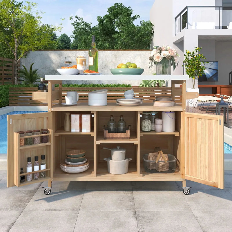 Outdoor Kitchen Island Solid Wood & Stainless Steel Top Rolling Cart
