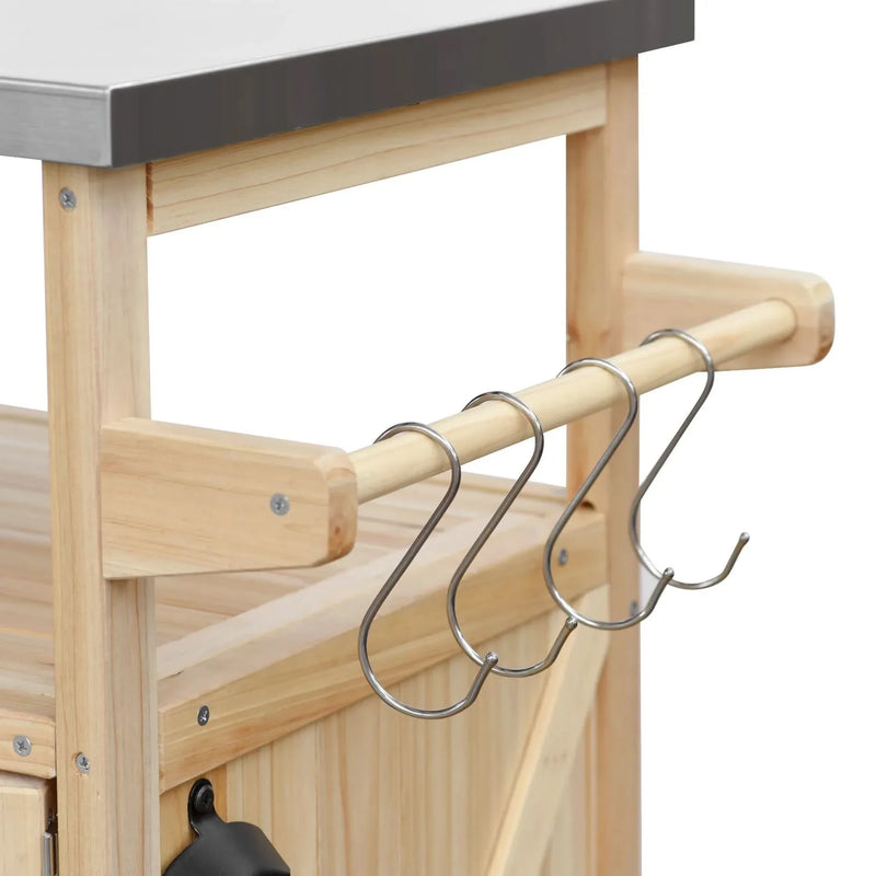 Outdoor Kitchen Island Solid Wood & Stainless Steel Top Rolling Cart