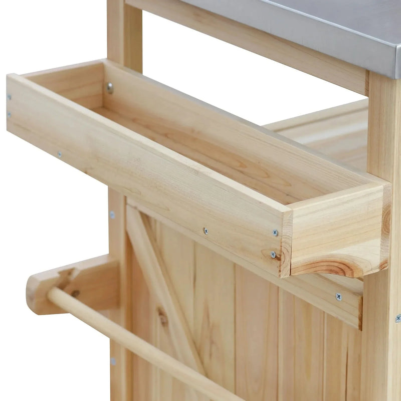 Outdoor Kitchen Island Solid Wood & Stainless Steel Top Rolling Cart