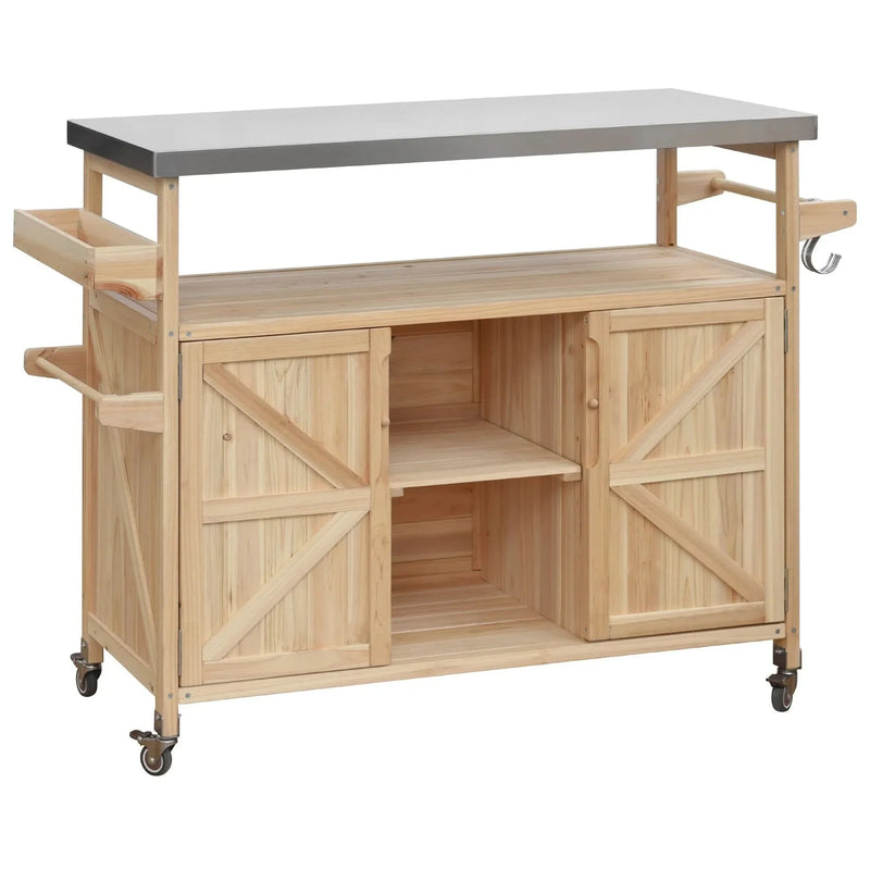 Outdoor Kitchen Island Solid Wood & Stainless Steel Top Rolling Cart