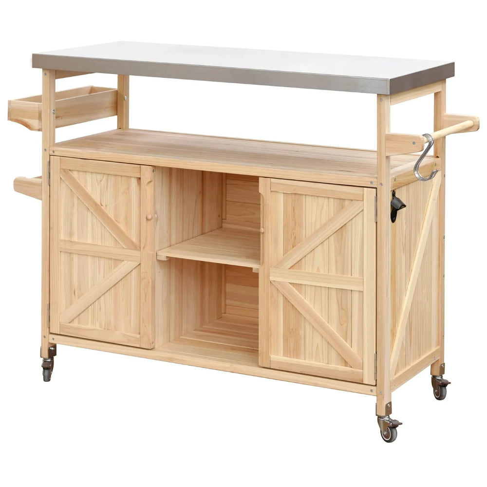 Outdoor Kitchen Island Solid Wood & Stainless Steel Top Rolling Cart Media 14