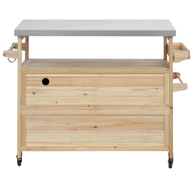 Outdoor Kitchen Island Solid Wood & Stainless Steel Top Rolling Cart