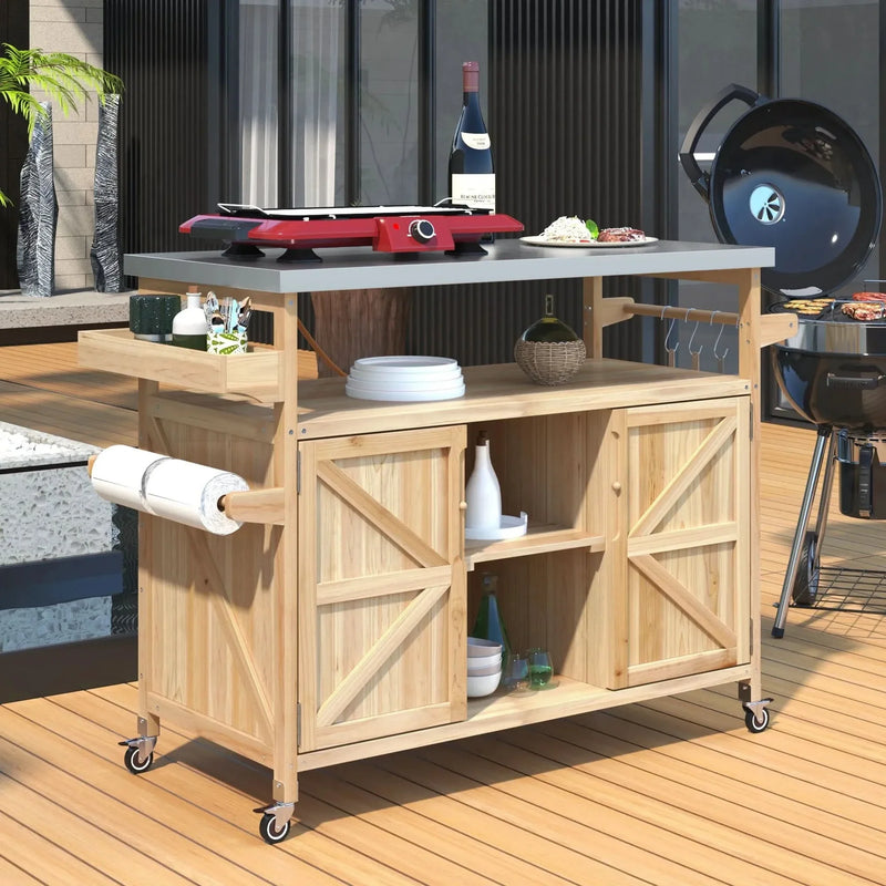Outdoor Kitchen Island Solid Wood & Stainless Steel Top Rolling Cart