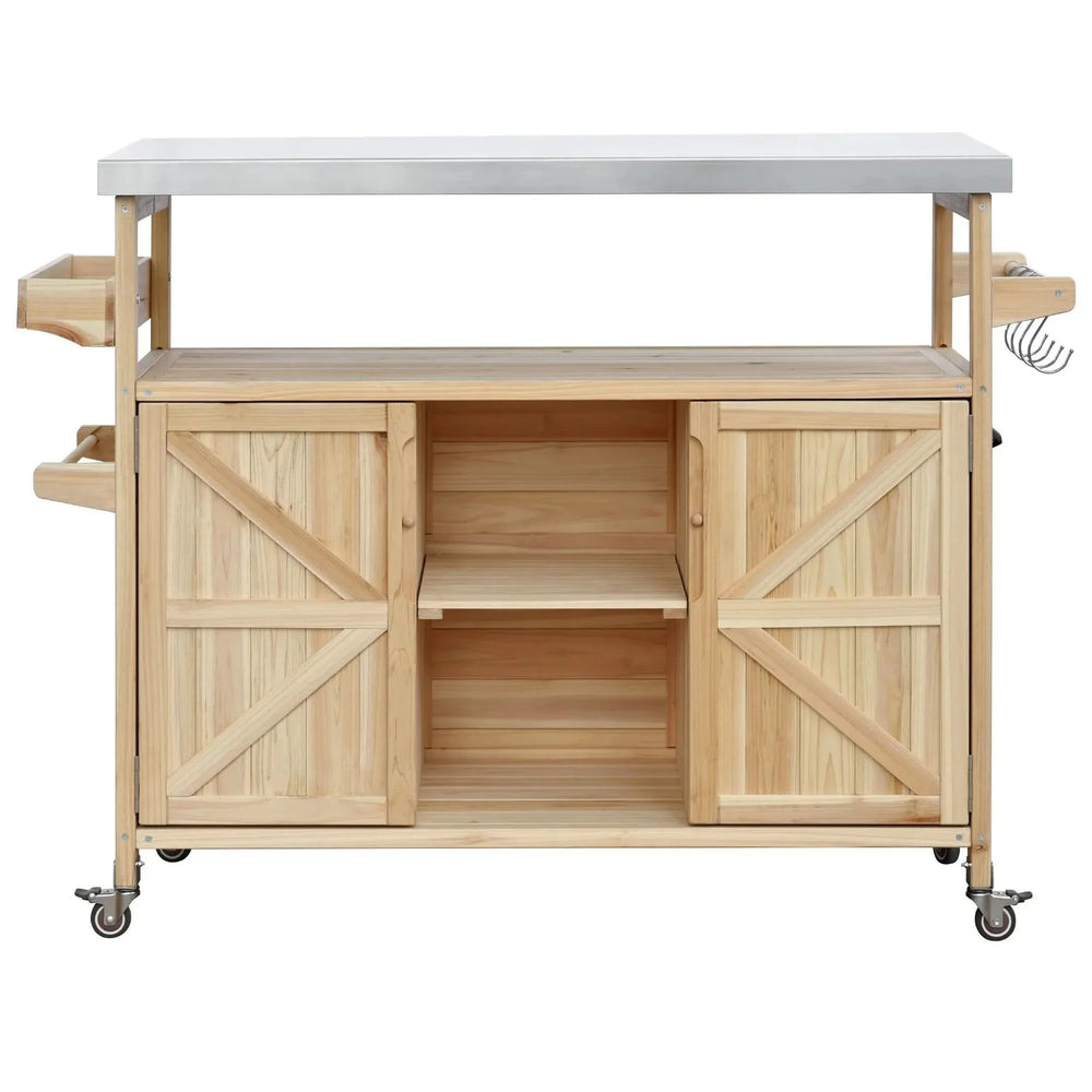 Outdoor Kitchen Island Solid Wood & Stainless Steel Top Rolling Cart Media 13