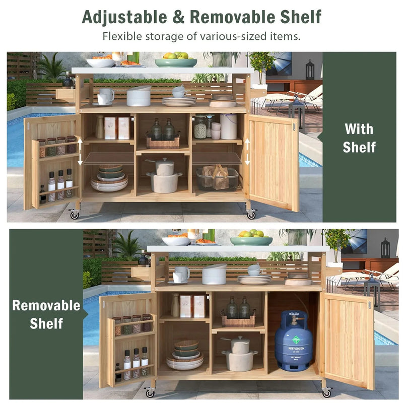 Outdoor Kitchen Island Solid Wood & Stainless Steel Top Rolling Cart