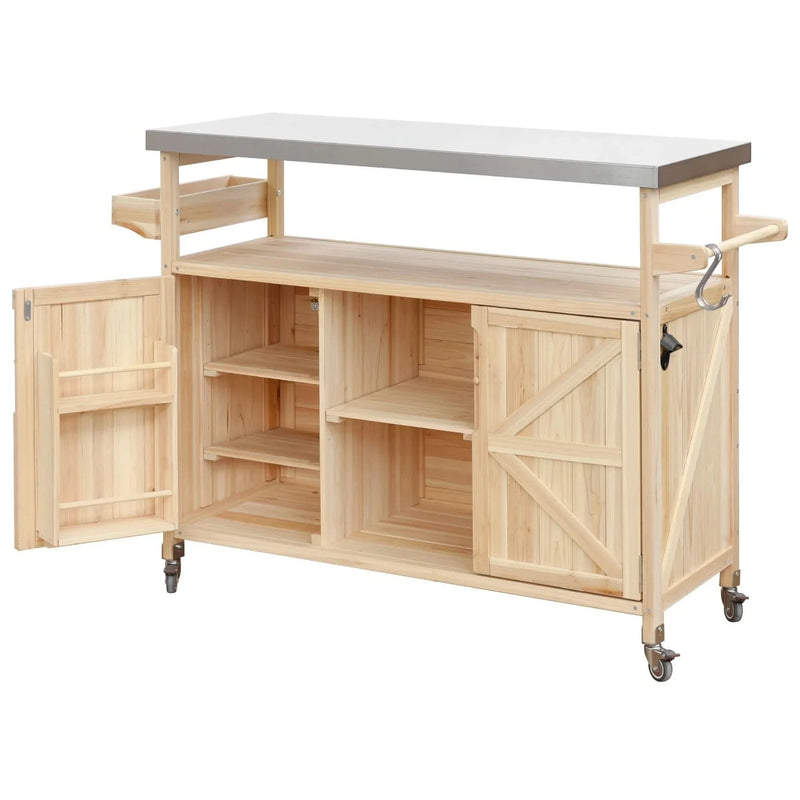 Outdoor Kitchen Island Solid Wood & Stainless Steel Top Rolling Cart