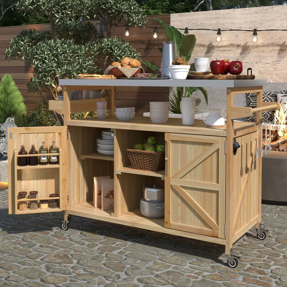 Outdoor Kitchen Island Solid Wood & Stainless Steel Top Rolling Cart Media 1