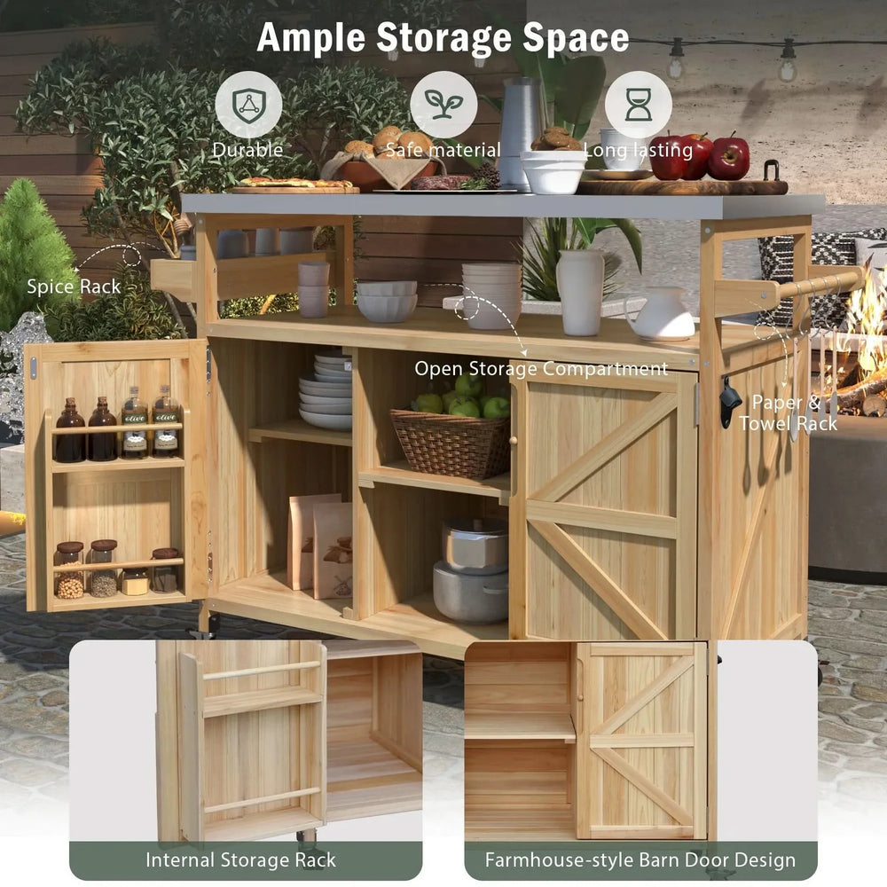 Outdoor Kitchen Island Solid Wood & Stainless Steel Top Rolling Cart Media 4