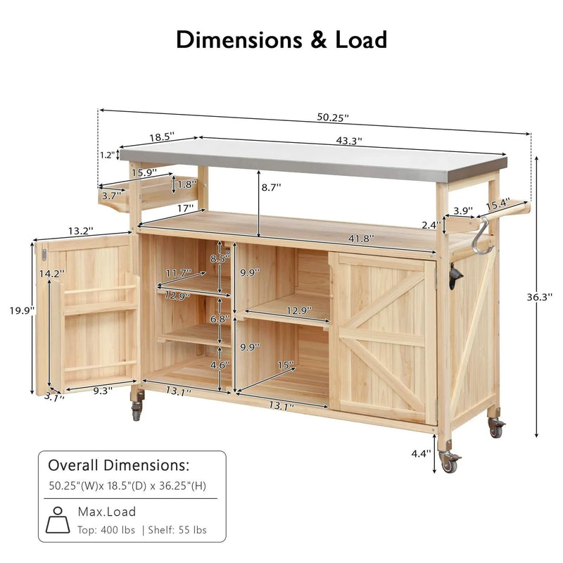Outdoor Kitchen Island Solid Wood & Stainless Steel Top Rolling Cart