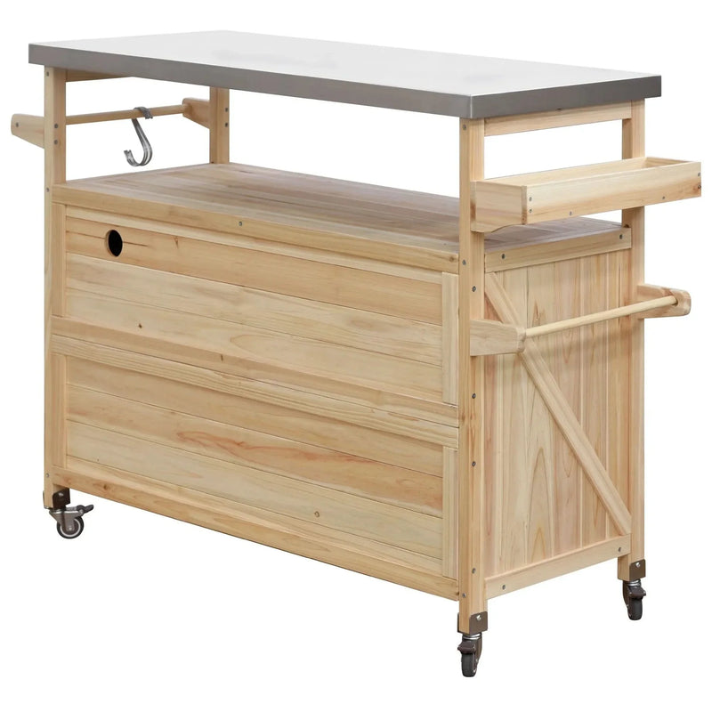 Outdoor Kitchen Island Solid Wood & Stainless Steel Top Rolling Cart