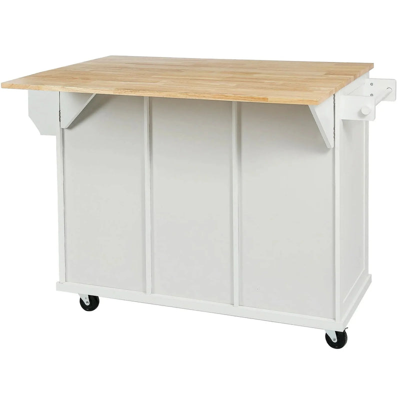 Kitchen Cart Rubber Wood Top On Wheels With Storage Cabinets & Drawers