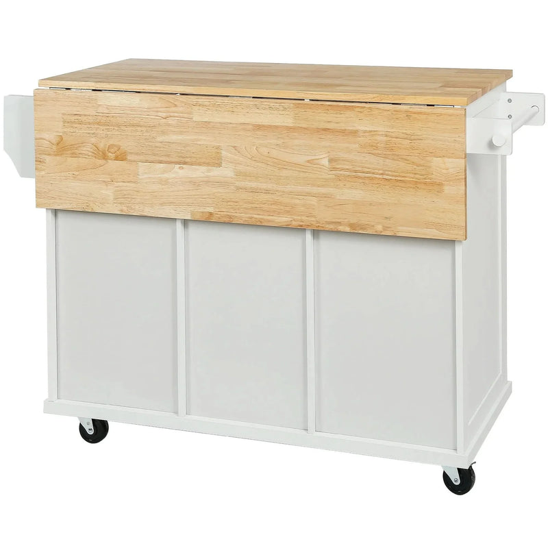 Kitchen Cart Rubber Wood Top On Wheels With Storage Cabinets & Drawers