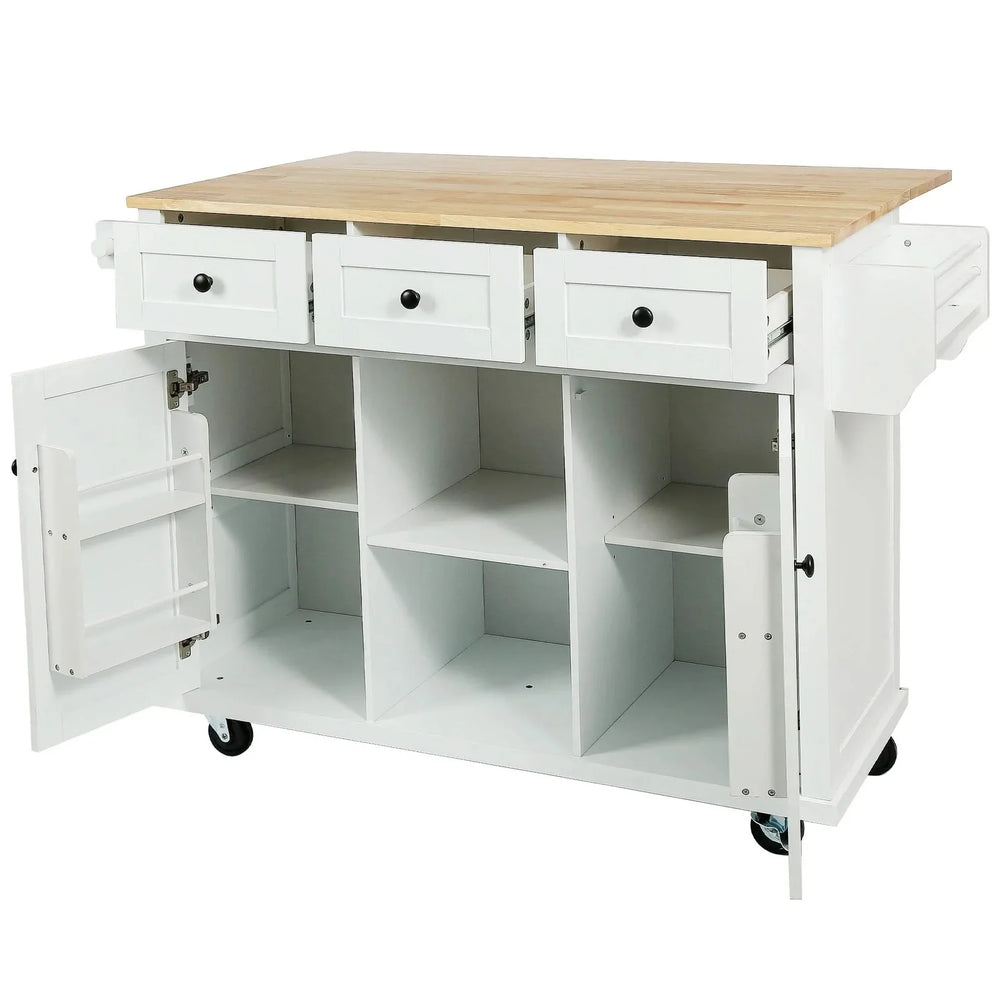 Kitchen Cart Rubber Wood Top On Wheels With Storage Cabinets & Drawers Media 12