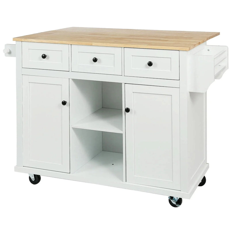 Kitchen Cart Rubber Wood Top On Wheels With Storage Cabinets & Drawers
