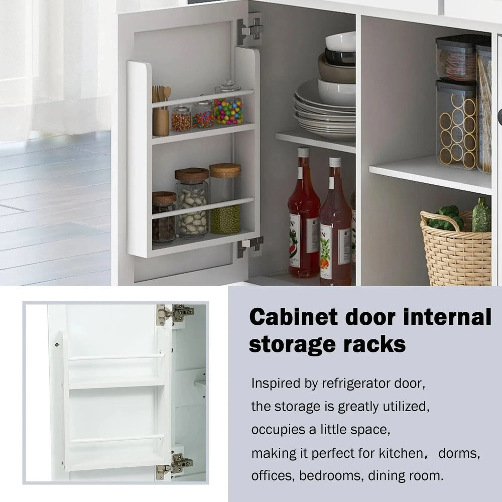 Kitchen Cart Rubber Wood Top On Wheels With Storage Cabinets & Drawers Media 4