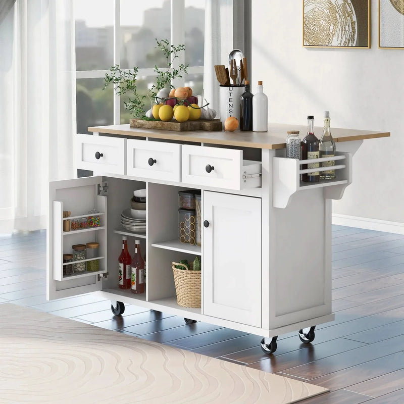 Kitchen Cart Rubber Wood Top On Wheels With Storage Cabinets & Drawers