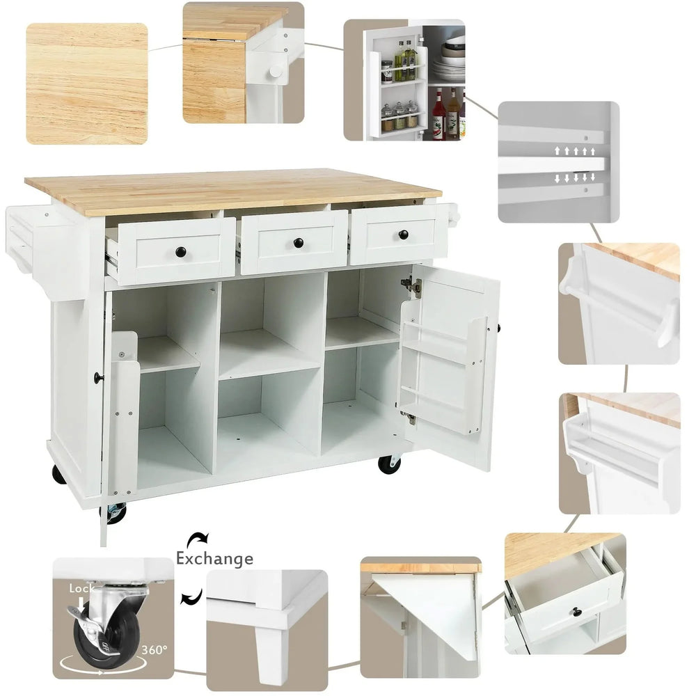 Kitchen Cart Rubber Wood Top On Wheels With Storage Cabinets & Drawers Media 8