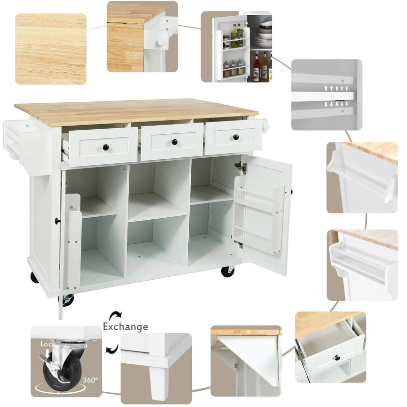 Kitchen Cart Rubber Wood Top On Wheels With Storage Cabinets & Drawers