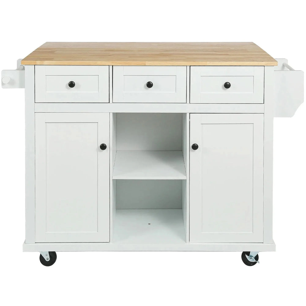 Kitchen Cart Rubber Wood Top On Wheels With Storage Cabinets & Drawers Media 10