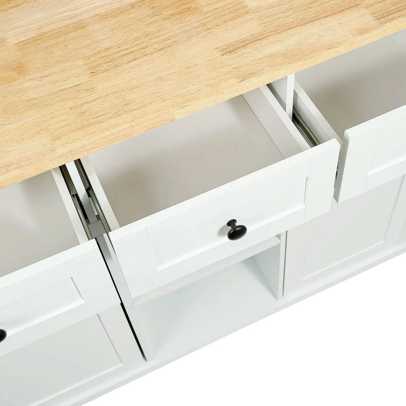 Kitchen Cart Rubber Wood Top On Wheels With Storage Cabinets & Drawers