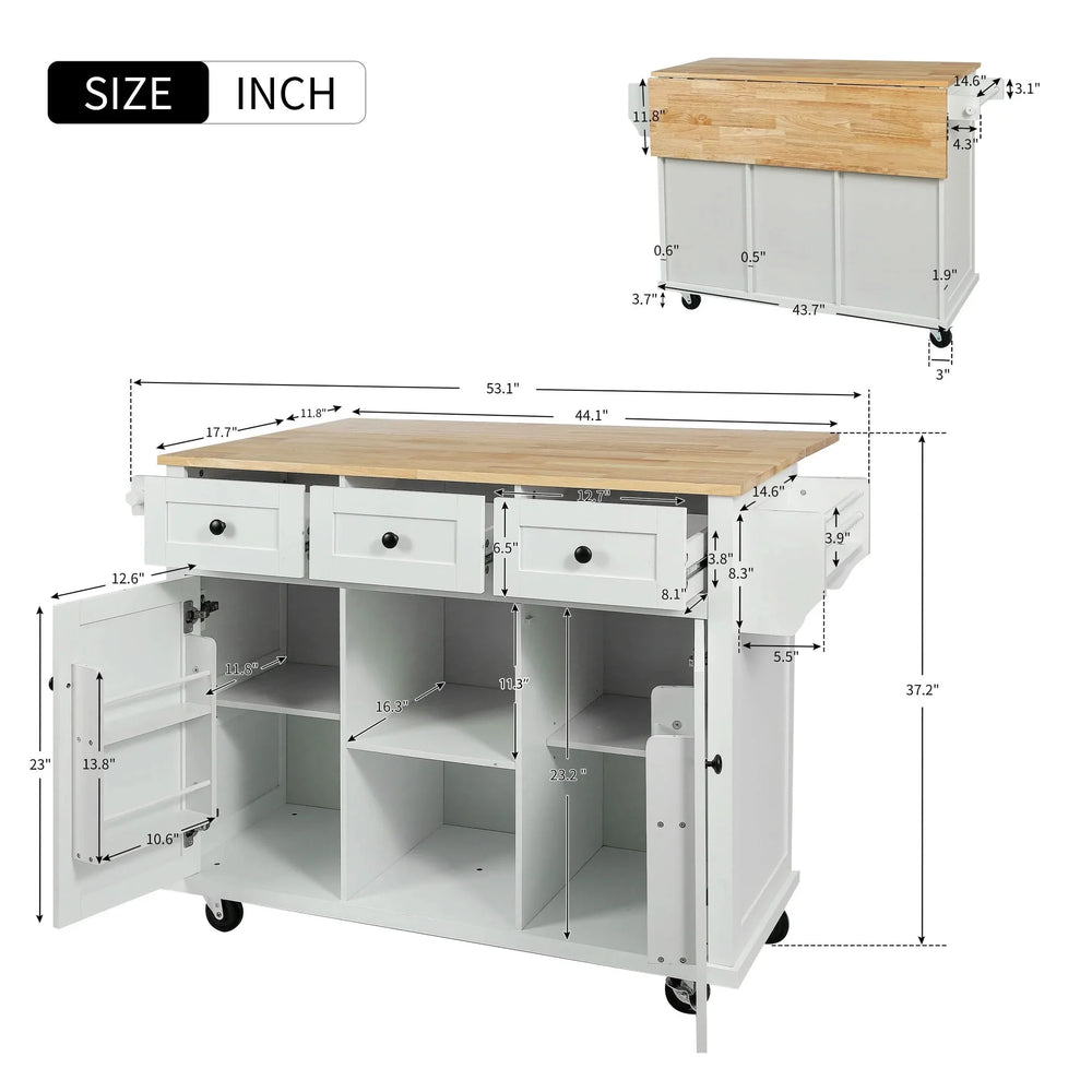 Kitchen Cart Rubber Wood Top On Wheels With Storage Cabinets & Drawers Media 9