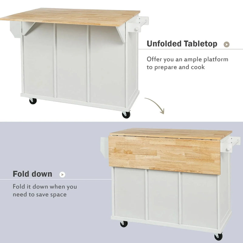 Kitchen Cart Rubber Wood Top On Wheels With Storage Cabinets & Drawers