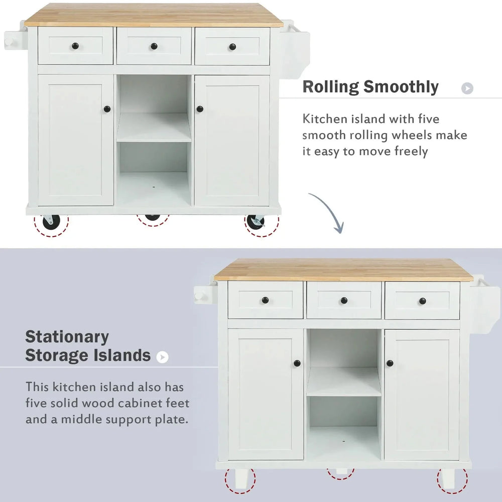 Kitchen Cart Rubber Wood Top On Wheels With Storage Cabinets & Drawers Media 7