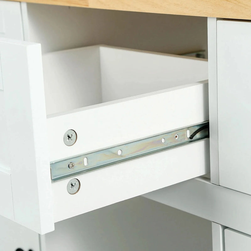 Kitchen Cart Rubber Wood Top On Wheels With Storage Cabinets & Drawers